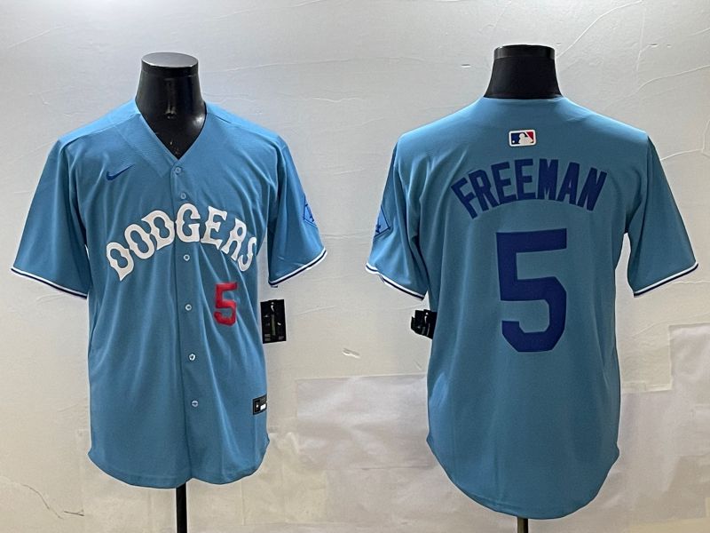 Men Los Angeles Dodgers #5 Freeman Light Blue Throwback Game 2025 Nike MLB Jersey style 10